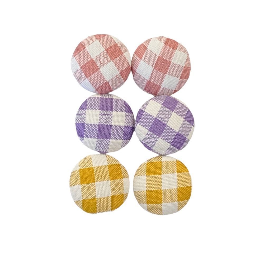 Cloth Bead Button Style Stud Earrings Multicolor Gingham Print 3 Piece Set OSFM